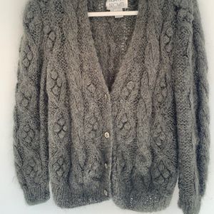 90s Italian Made Hunter Green Mohair Sweater - Shoulder Pad Cardigan